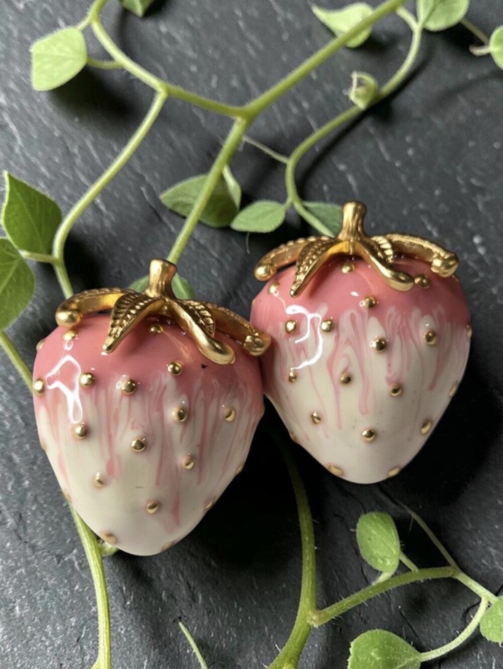 18k Matte Gold Plated Pink Enamel Strawberry Earrings